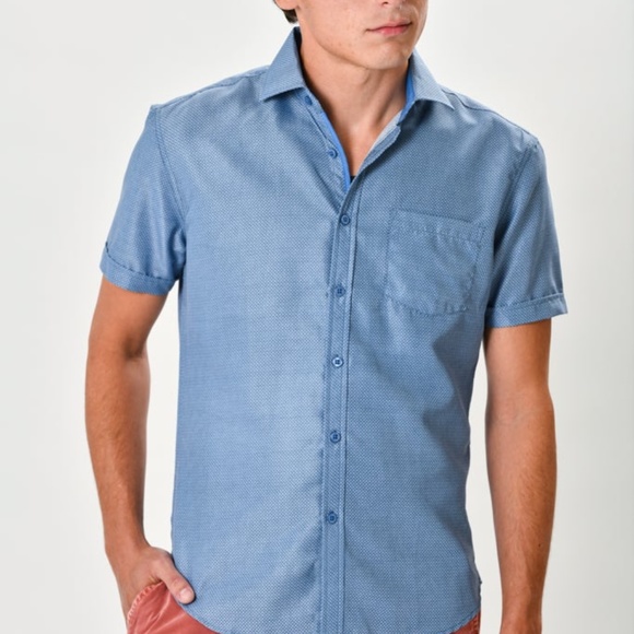 Men Blue Short Sleeve Button Down - Picture 3 of 5